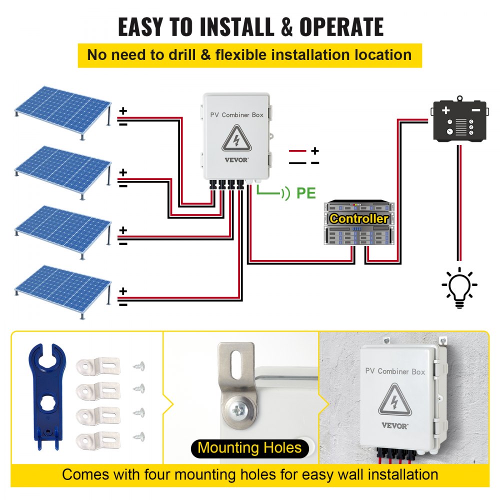 VEVOR PV Combiner Box, 4 String, Solar Combiner Box with 15A Rated Current Fuse 63A Circuit Breaker Lightning Arrester and Solar Connector, ABS Plastic Case for On / Off Grid Solar Panel System, IP65