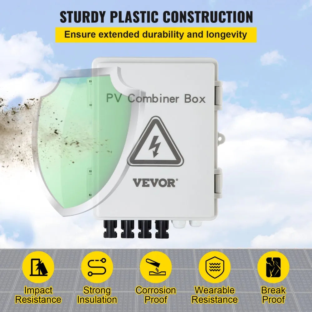 VEVOR PV Combiner Box, 4 String, Solar Combiner Box with 15A Rated Current Fuse 63A Circuit Breaker Lightning Arrester and Solar Connector, ABS Plastic Case for On / Off Grid Solar Panel System, IP65
