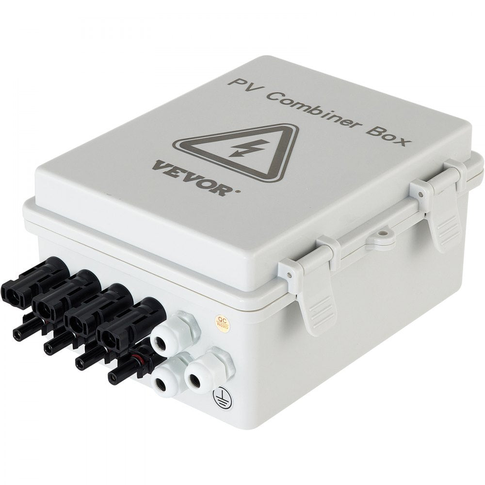 VEVOR PV Combiner Box, 4 String, Solar Combiner Box with 15A Rated Current Fuse 63A Circuit Breaker Lightning Arrester and Solar Connector, ABS Plastic Case for On / Off Grid Solar Panel System, IP65