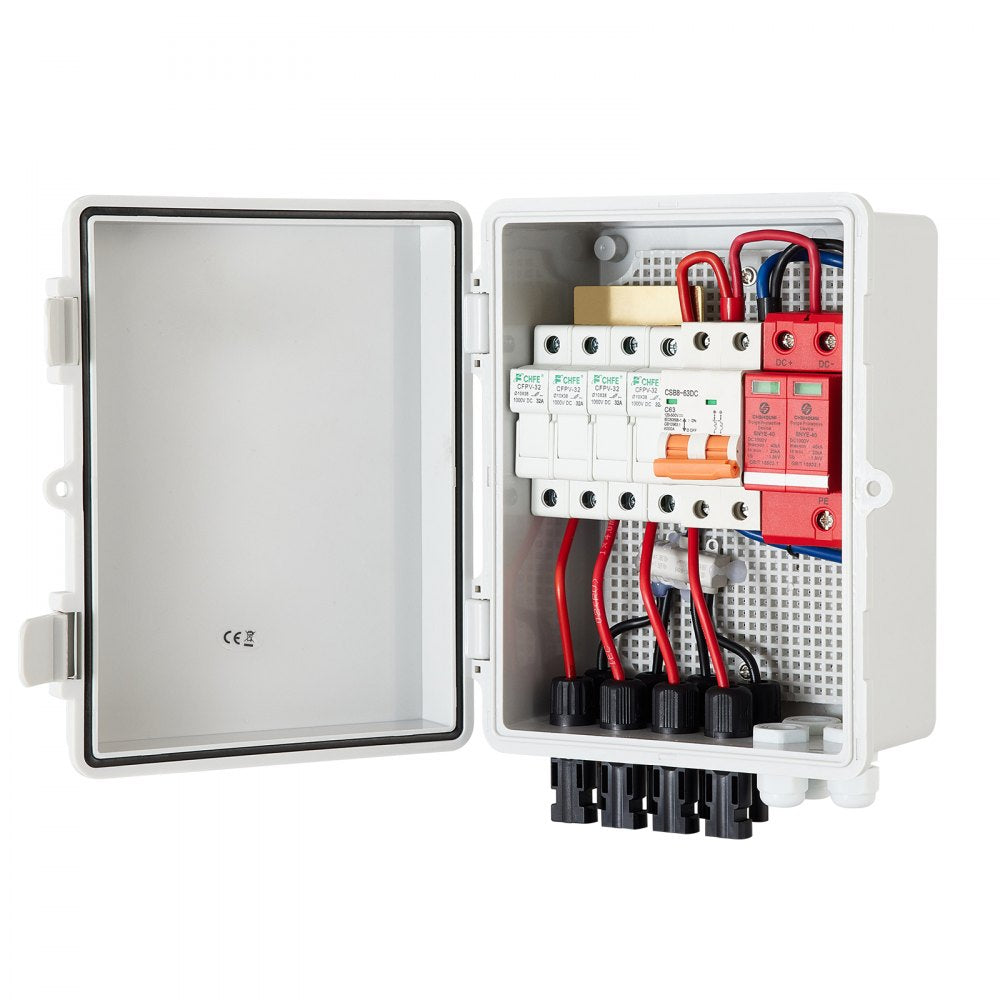 VEVOR PV Combiner Box, 4 String, Solar Combiner Box with 15A Rated Current Fuse 63A Circuit Breaker Lightning Arrester and Solar Connector, ABS Plastic Case for On / Off Grid Solar Panel System, IP65