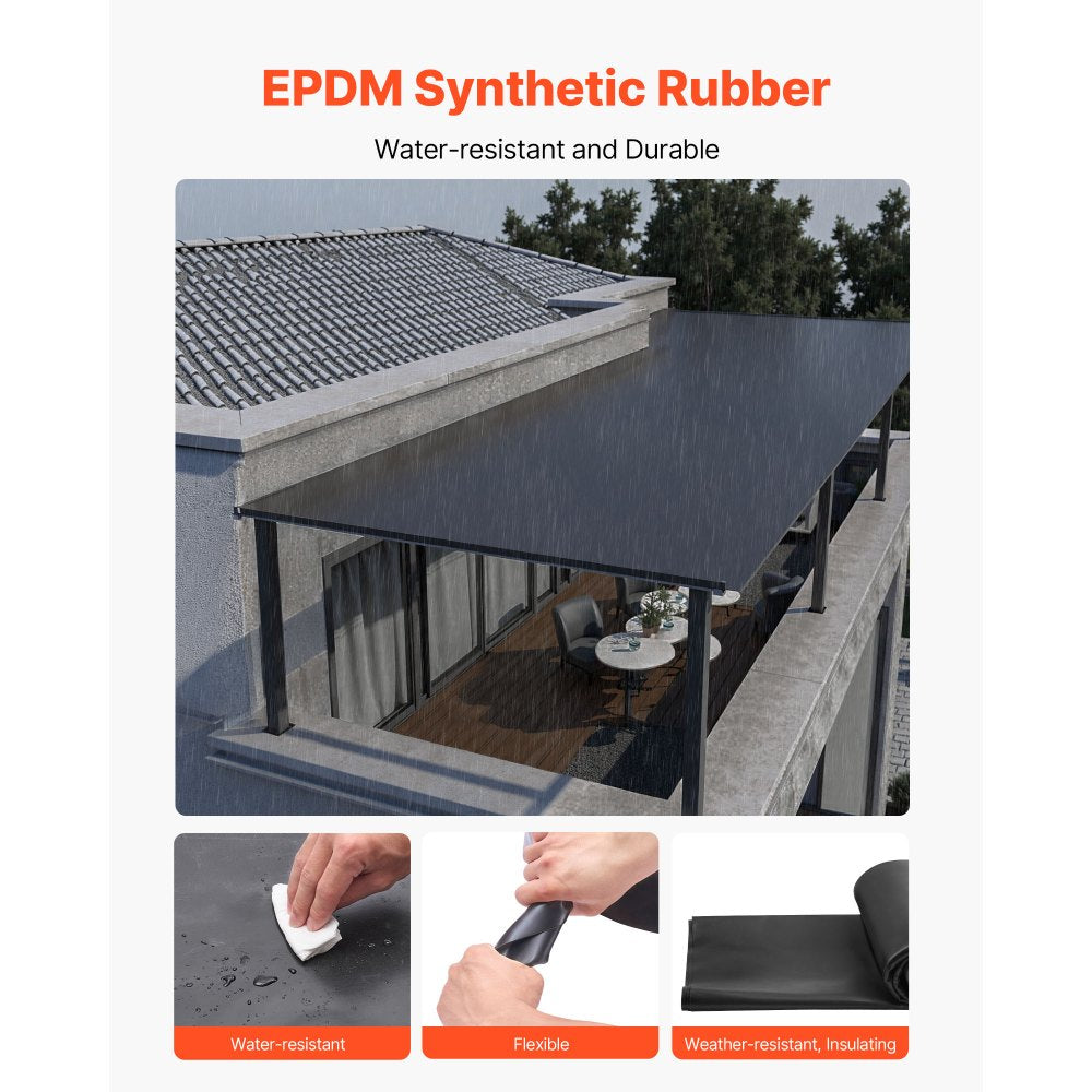 VEVOR Roll Roofing, 10 x 15 ft, 45 mil EPDM Rubber Roofing, Long Lifespan & Weather-resistant, Withstands Harsh Temperatures, Flexible & Easy Installation, Roof Underlayment for RVs, Roofs, Ponds