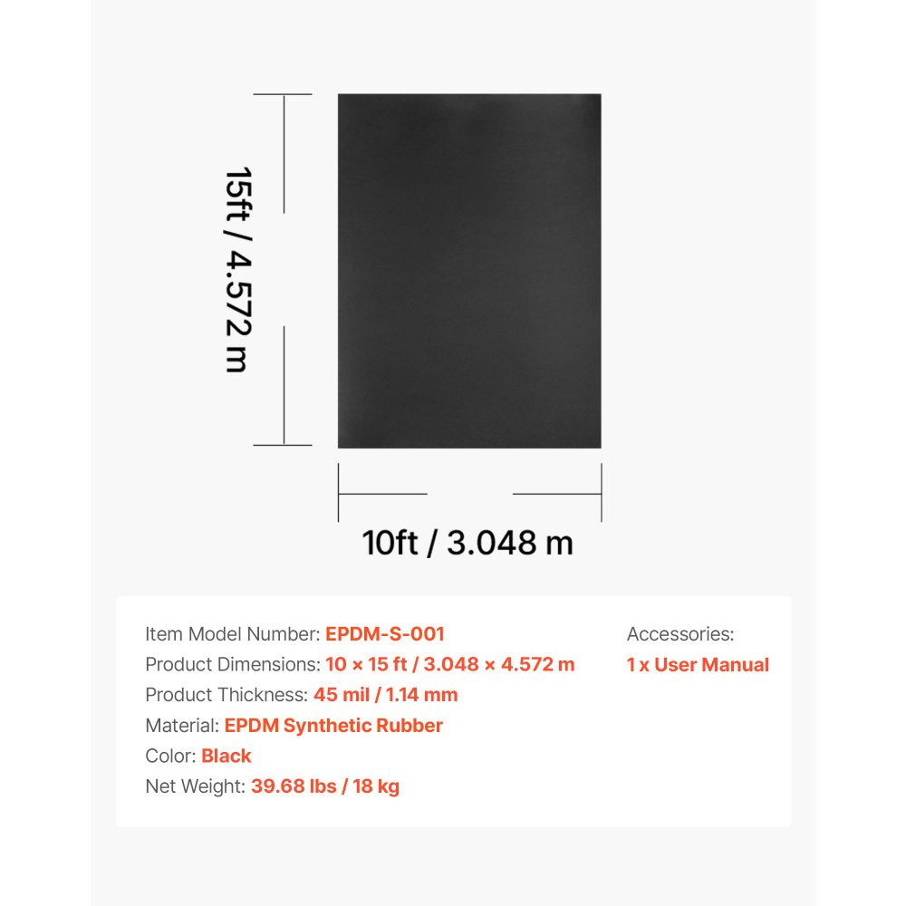 VEVOR Roll Roofing, 10 x 15 ft, 45 mil EPDM Rubber Roofing, Long Lifespan & Weather-resistant, Withstands Harsh Temperatures, Flexible & Easy Installation, Roof Underlayment for RVs, Roofs, Ponds