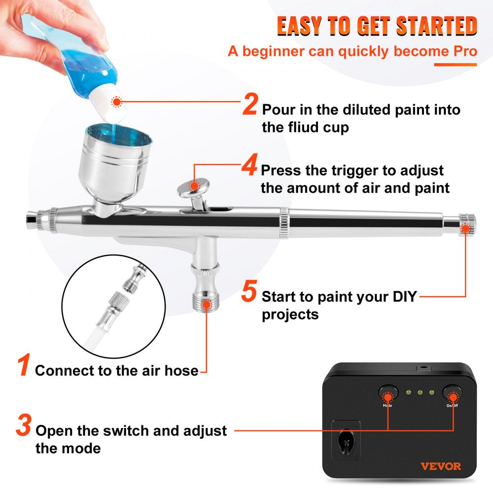 VEVOR Airbrush Kit, Portable Airbrush Set with Compressor, Airbrushing System Kit with Multi-Purpose Dual-Action Gravity Feed Airbrushes, Art Nail Cookie Tattoo Makeup