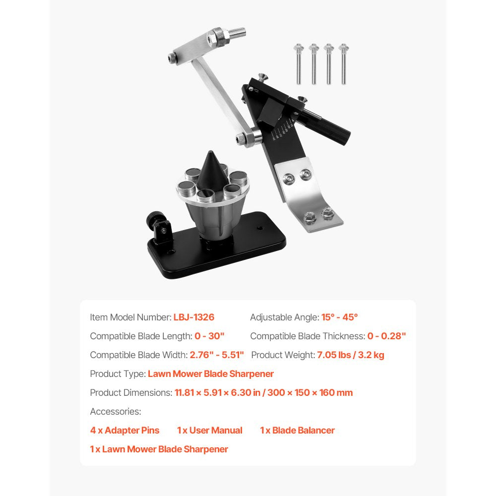 VEVOR Lawn Mower Blade Sharpener and Balancer, 15° - 45° Adjustable Lawnmower Blade Sharpening Tool with 4 Adapter Pins, Ball Bearings & 25mm Enlarged Handle, Compatible with Most Angle Grinders
