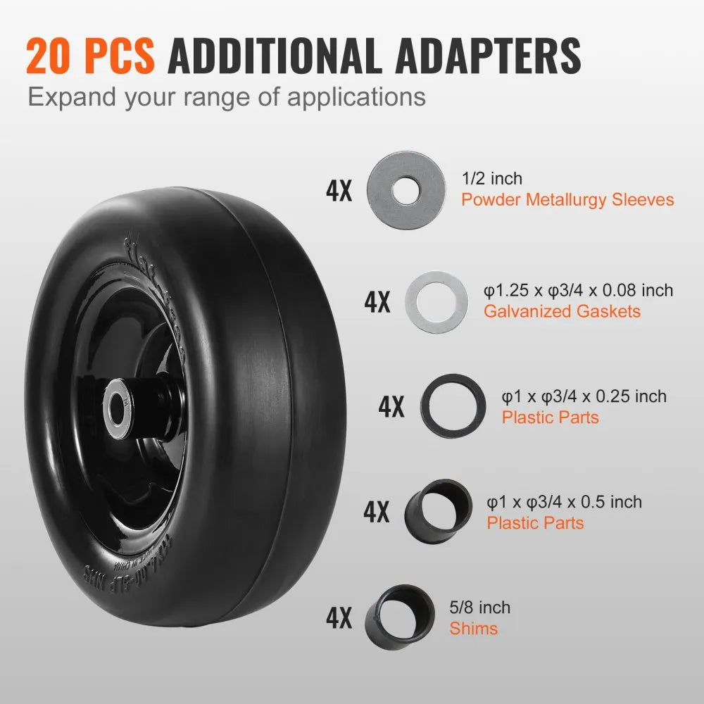 VEVOR Tubeless Mower Wheels, 11x4-5" Size, Pair of Flat-Free PU Tires on Rims, 3.4" Hub, 3/4" Bushing, Includes 20 Adapters, Suitable for Riding Mowers and Lawn Tractors