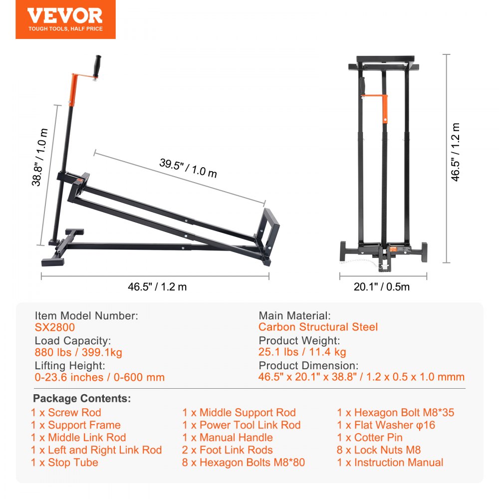 VEVOR Ride on Lawn Mower Lift Jack, 880 Lbs Weight Capacity, Telescopic Maintenance Jack with Crank Handle & Power Tool Handle, Foldable Lawn Tractor Lifter for Lawn Mowers and Garden Tractors, Black