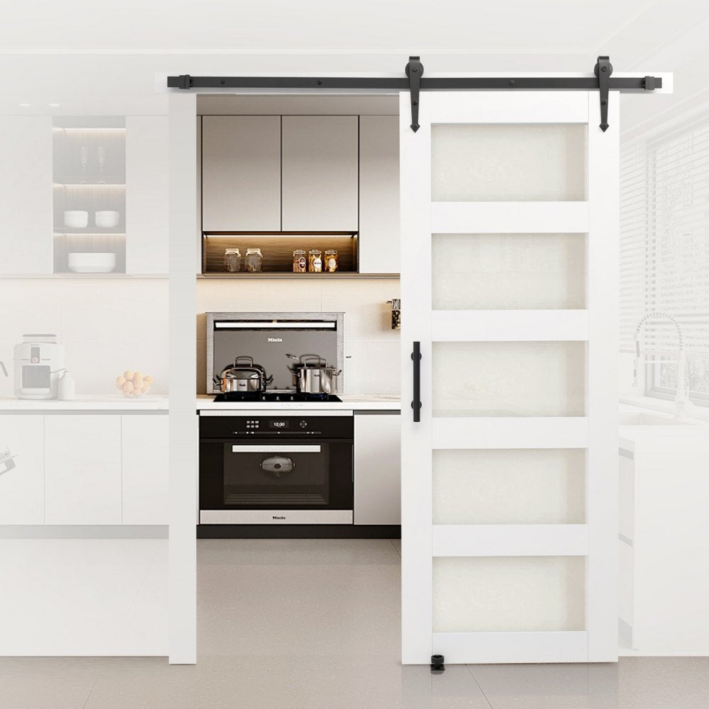 VEVOR Sliding Barn Door, 32 x 84 inch, High-Strength MDF Panel and Glass, Barn Door with Hardware Kit, Water-Proof PVC Surface, Easy to Install, H-Frame, Smoothly and Quietly Sliding for Living Room