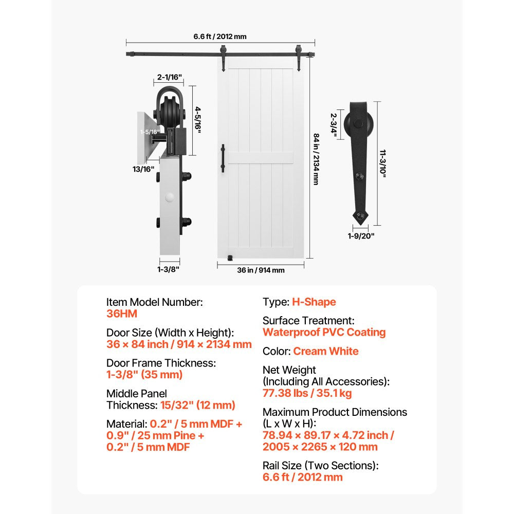 VEVOR Sliding Barn Door, 36 x 84 inch, High-Strength MDF Panel, Barn Door with Hardware Kit, Water-Proof PVC Surface, Easy to Install, H-Frame, Smoothly and Quietly Sliding for Living Room, Bathroom