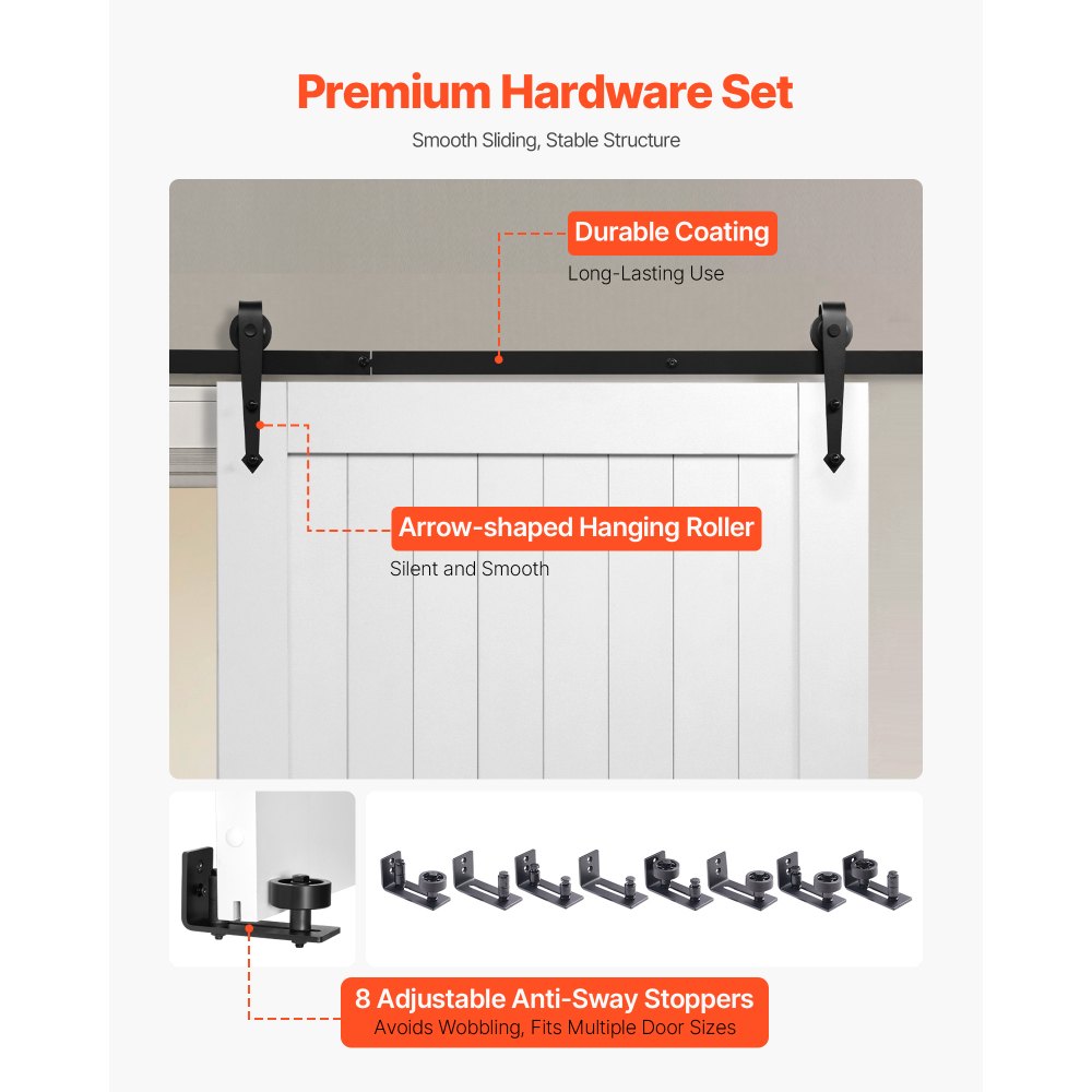 Premium hardware set graphic highlighting durable coated track and arrow-shaped hanging rollers