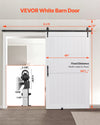 VEVOR white barn door size and track length diagram (8.2 ft rail, 48 in x 84 in door)
