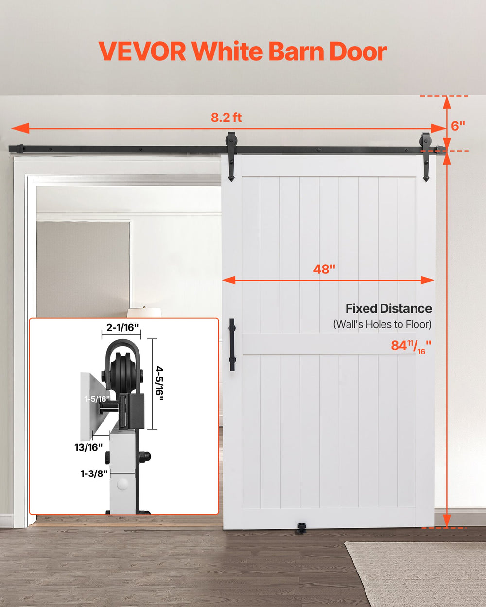 VEVOR white barn door size and track length diagram (8.2 ft rail, 48 in x 84 in door)
