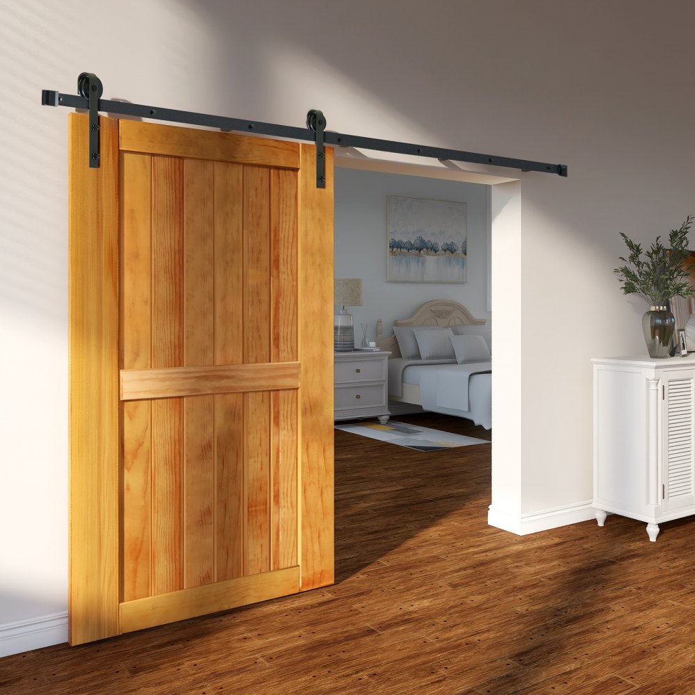 VEVOR 8FT Sliding Barn Door Hardware Kit, 330LBS Loading Heavy Duty Barn Door Track Kit for Single Door, Fit 3.7-4.3FT Wide and 1.3"-1.8" Thick Door Panel, with Smooth & Silent Pulley (J Shape)