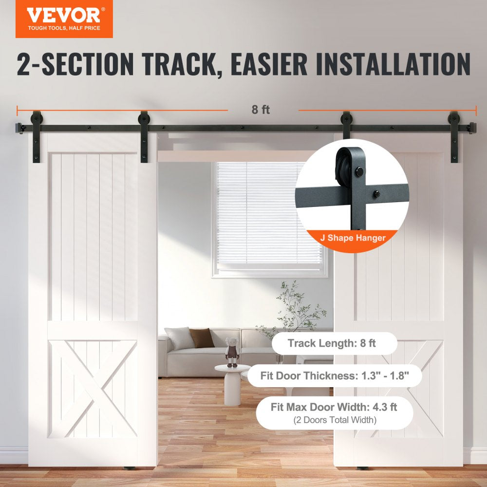 VEVOR 8FT Sliding Barn Door Hardware Kit, 330LBS Heavy Duty Barn Door Track Kit for Double Doors, Fit 3.7-4.3FT Total Wide and 1.3"-1.8" Thick 2 Door Panel, with Smooth & Silent Pulley (J Shape)