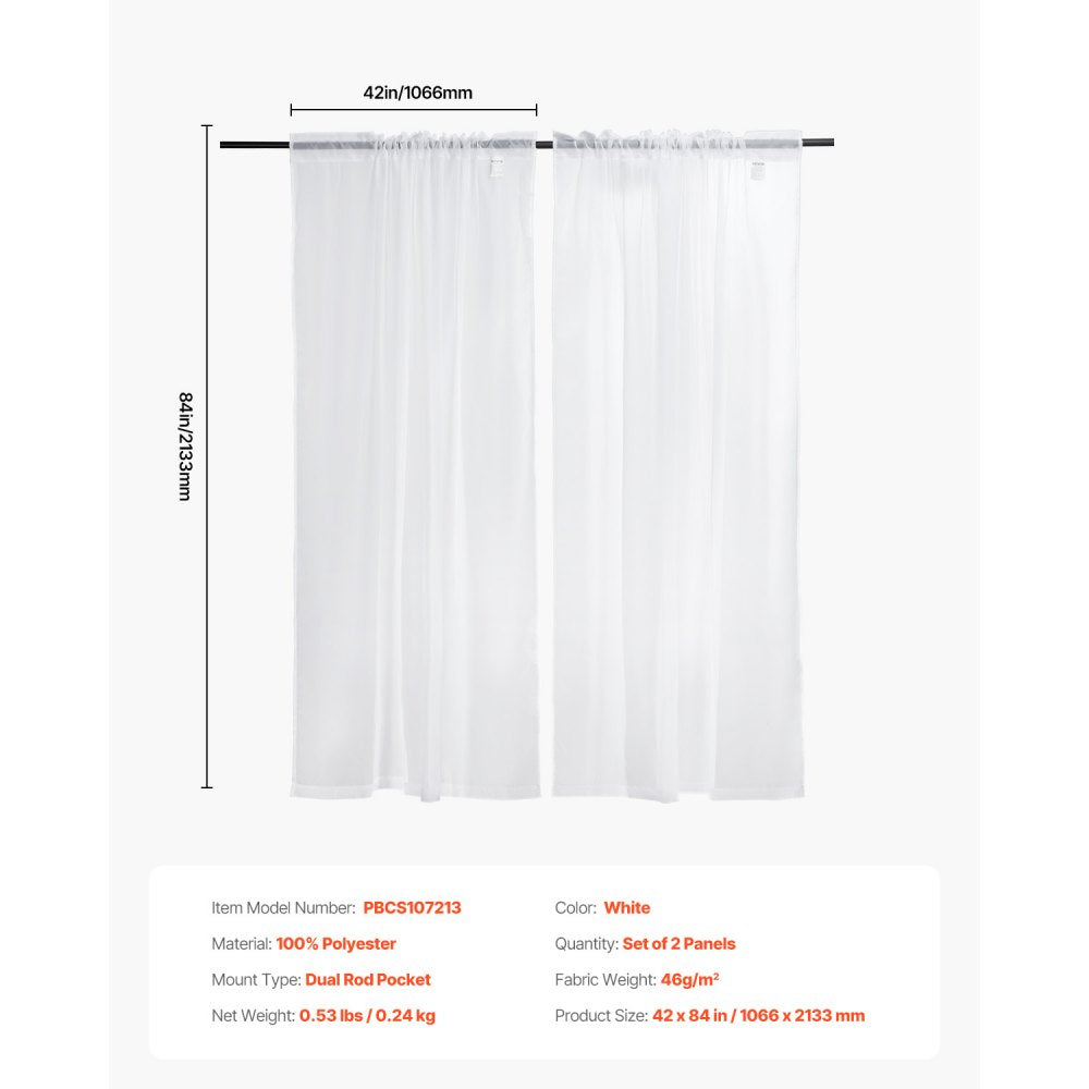 VEVOR Sheer Curtains, 84 inches Long, 2 Panels Set Sheer White Curtains, Each 42" W x 84" L, Dual Rod Pocket Installation, 100% Polyester Window Drapes for Bedroom, Living Room, Balcony, Yard