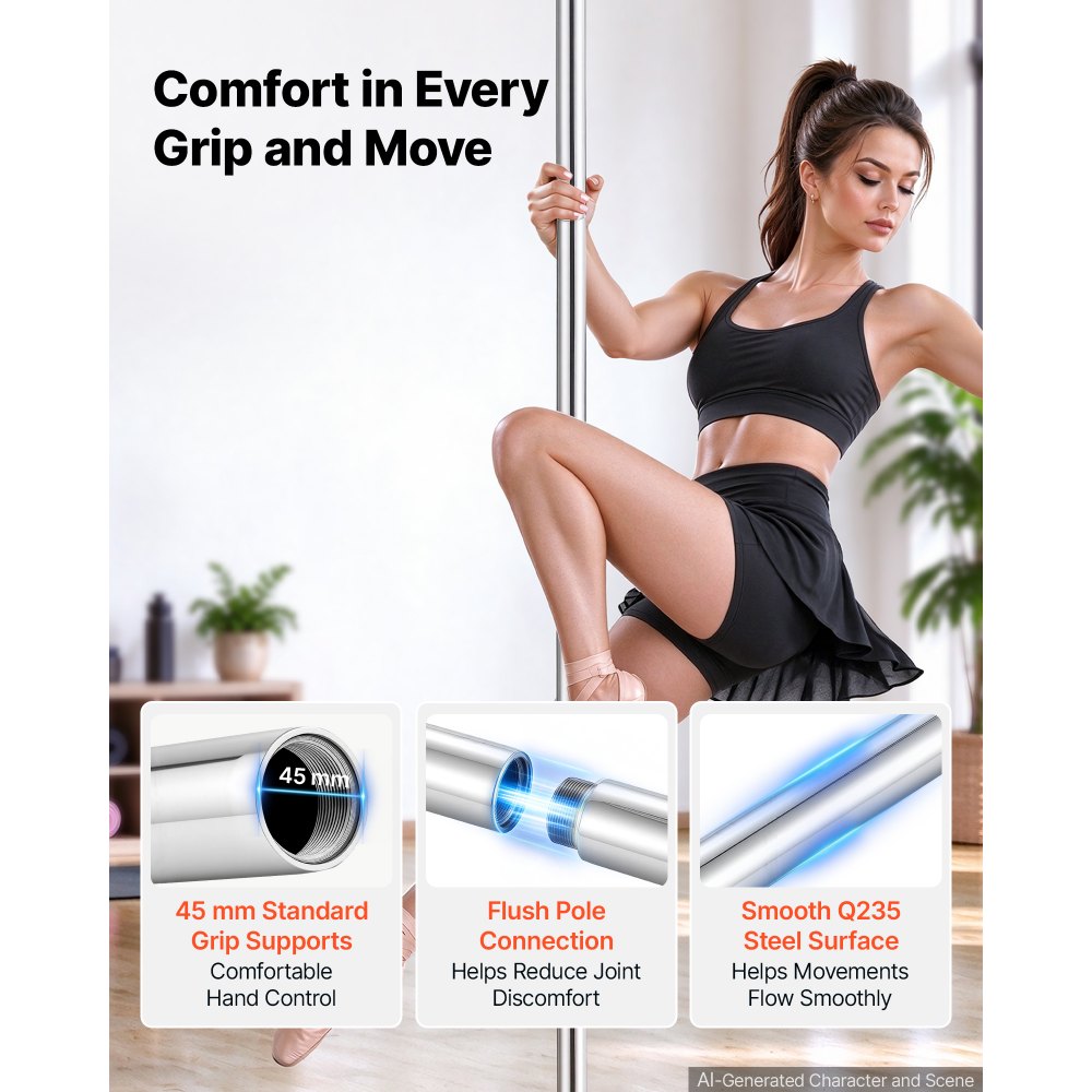 VEVOR Professional Dance Pole, Static/Spinning Dancing Poles, 82-118 in, Fixed-Mount Exercise Dancing Pole for Fitness, Adjustable Height, 45 mm Heavy-Duty Steel Build, 440 lb Capacity, Silver