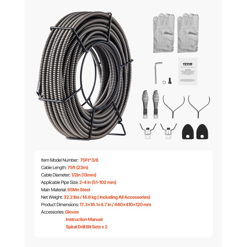 VEVOR Drain Cleaning Cable 75 Feet x 1/2 Inch Solid Core Cable Sewer Cable Drain Auger Cable Cleaner Snake Clog Pipe Drain Cleaning Cable Sewer Drain Auger Snake Pipe