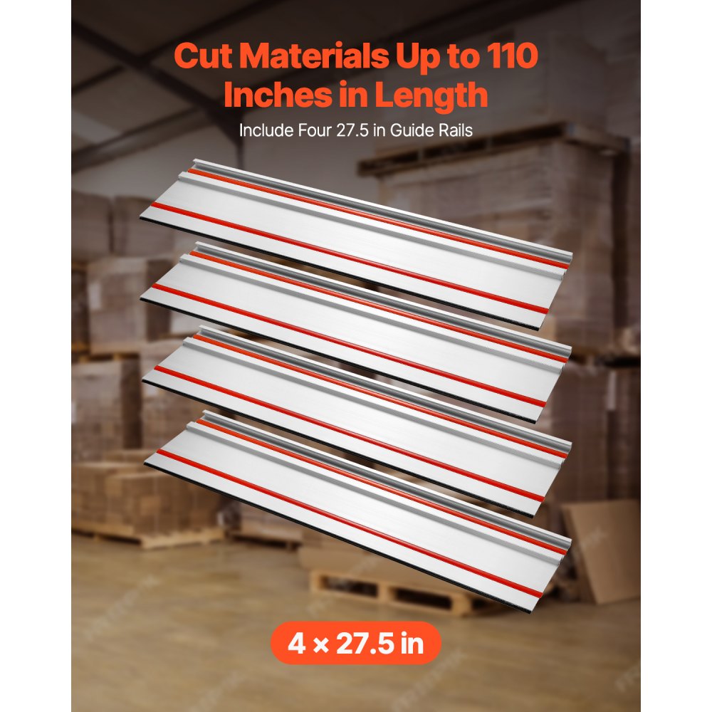 VEVOR Track Saw Guide Rail, 110 in Cutting Range, Includes 4 PCs 27.5 in Aluminum Extruded Guide Rails and 3 Connectors, Compatible with Makita, Festool & WEN Track Saws, for Woodworking Longer Cuts