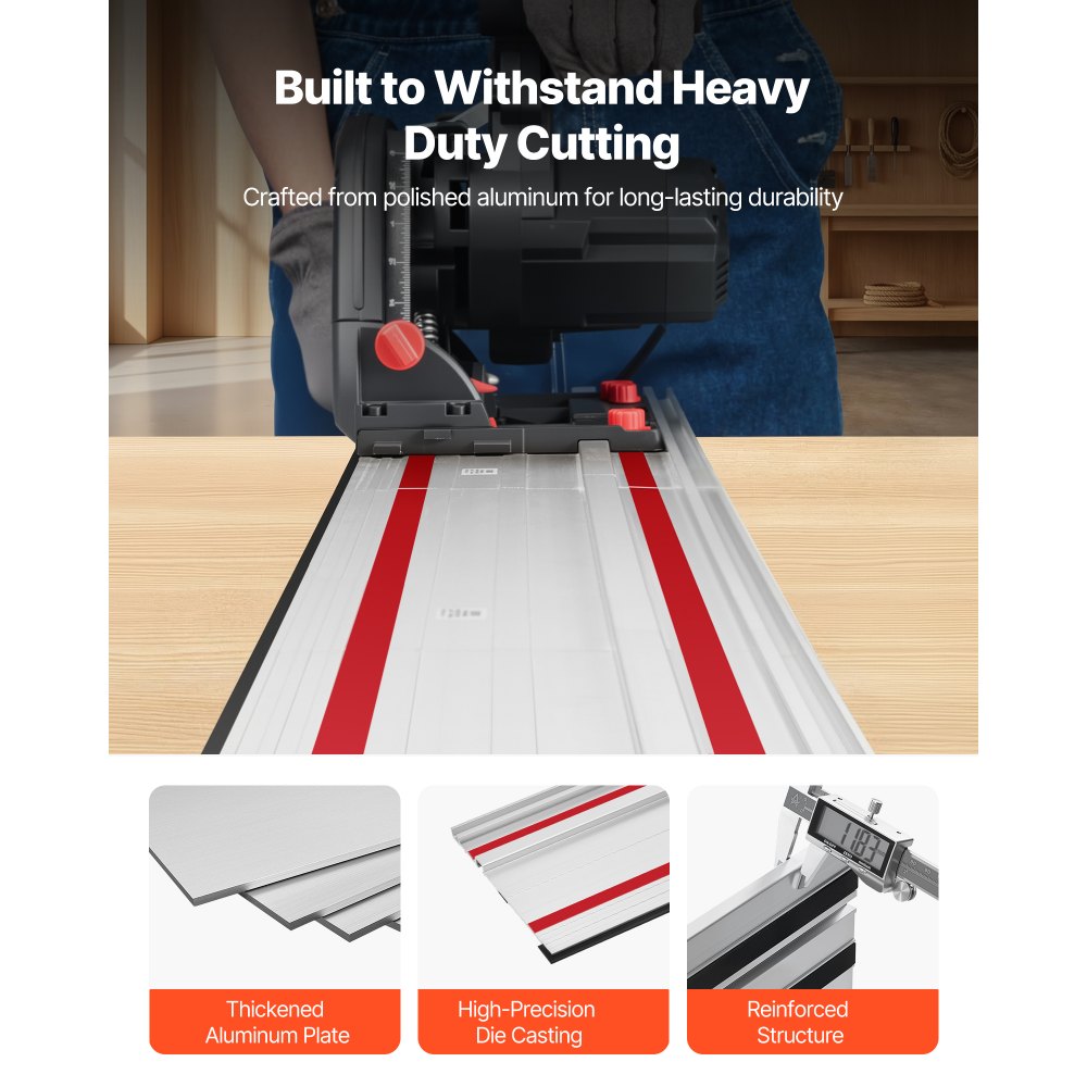 VEVOR Track Saw Guide Rail, 55-Inch Cutting Range, Kit Includes 2 x 27.5 in Aluminum Extruded Guide Rails and 1 Connector, Compatible with Makita, Festool & WEN Track Saws, for Woodworking Projects