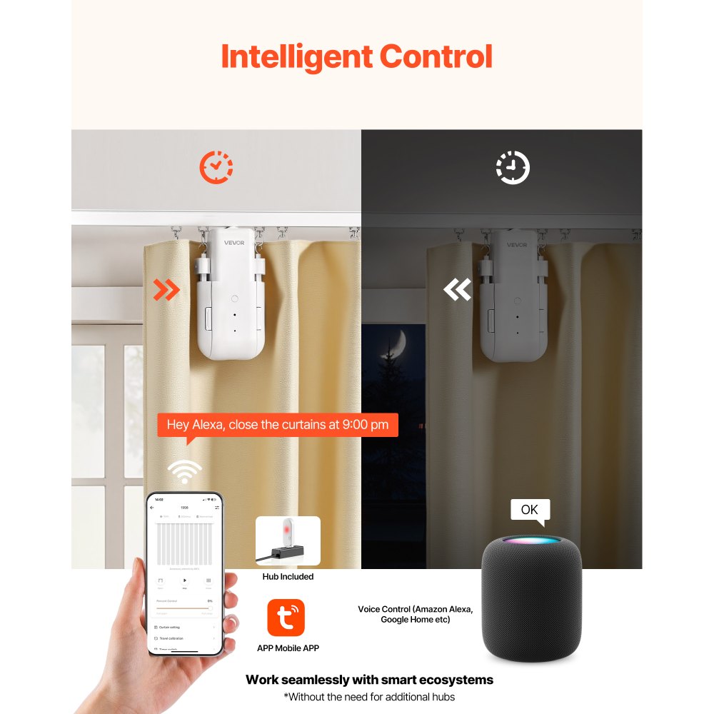 VEVOR Automatic Curtain Opener, APP and Remote Control, Hub Included, Electric Smart Curtain Opener Compatible with Alexa and Google Home, Timed Opening and Closing, for U-shaped/I-shaped Rails