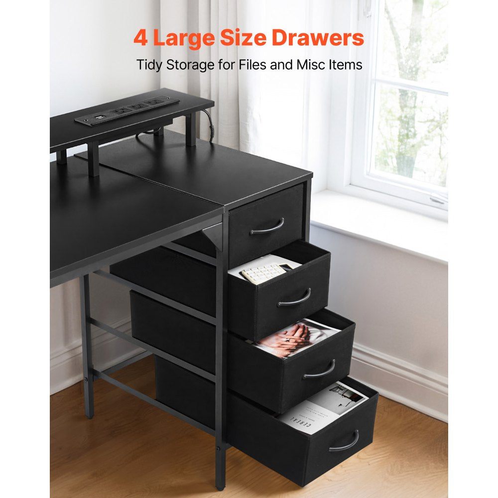 VEVOR 47" Computer Desk with LED Lights & Power Outlets, Gaming Table with 4 Large Drawers, Office Desk with Monitor Stand, Study Work Home Office, Small Spaces, Black