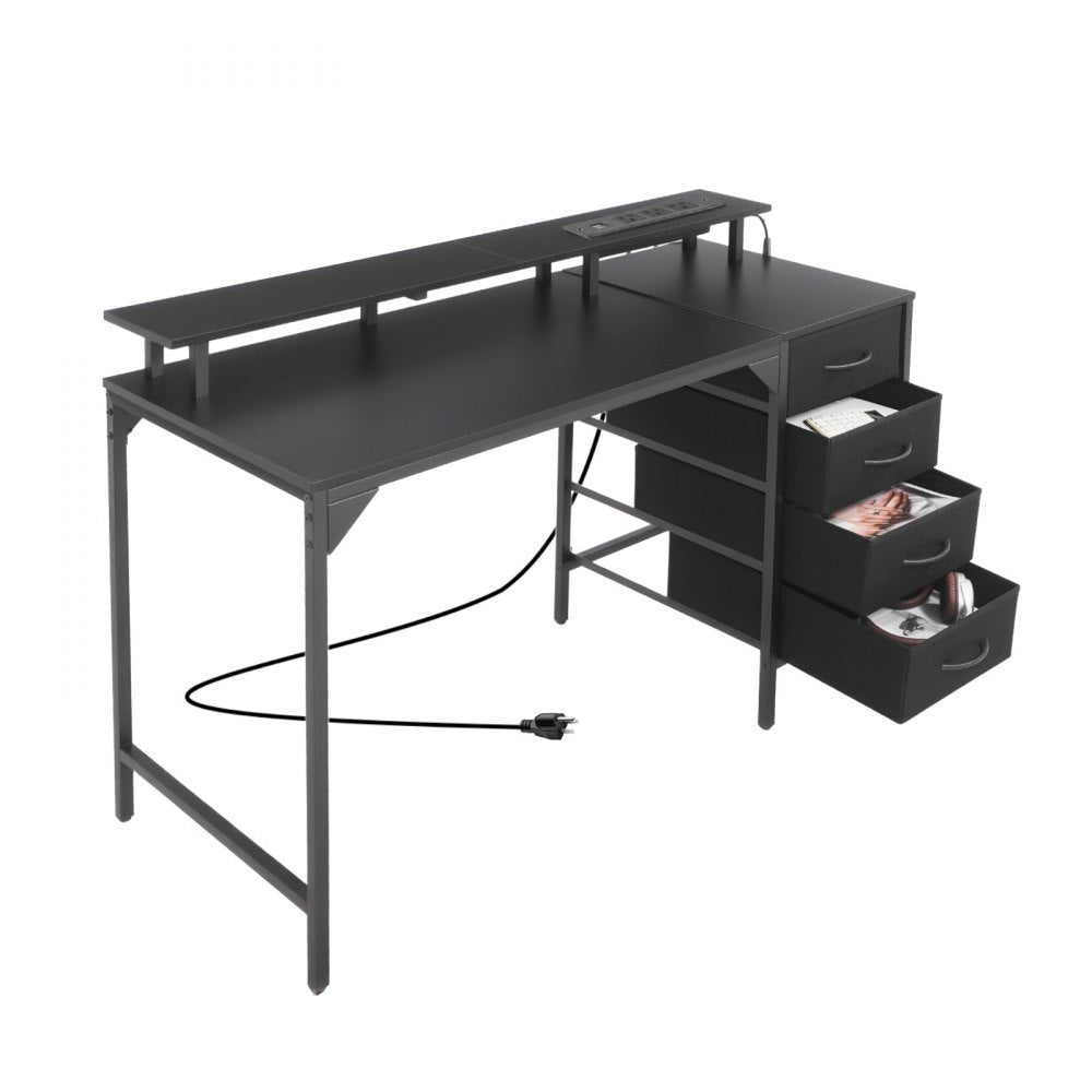 VEVOR 47" Computer Desk with LED Lights & Power Outlets, Gaming Table with 4 Large Drawers, Office Desk with Monitor Stand, Study Work Home Office, Small Spaces, Black