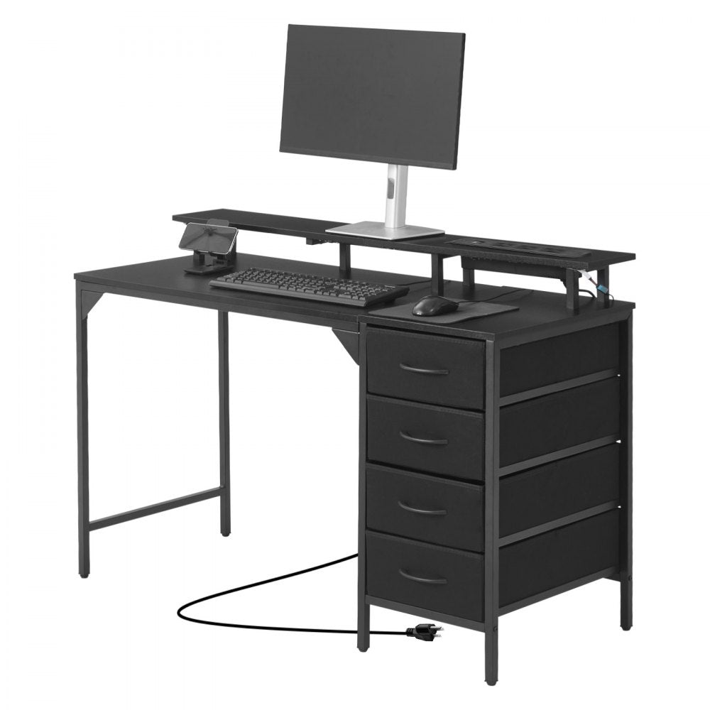 VEVOR 47" Computer Desk with LED Lights & Power Outlets, Gaming Table with 4 Large Drawers, Office Desk with Monitor Stand, Study Work Home Office, Small Spaces, Black