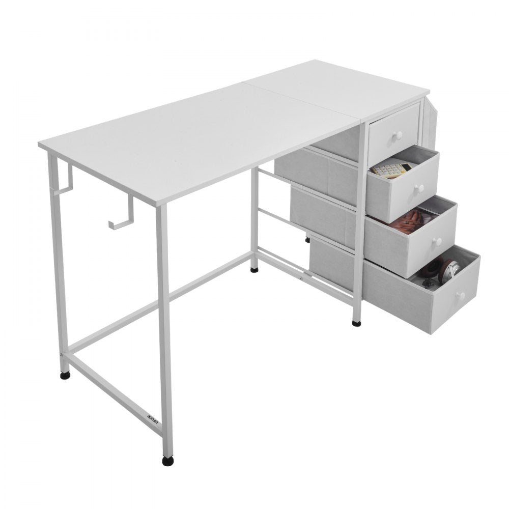 VEVOR Computer Desk with Fabric Drawers, 47 Inch Reversible Study Work Writing Desk for Modern Home Office Bedroom, Simple Modern Cute PC Table Metal Frame Business Furniture, White