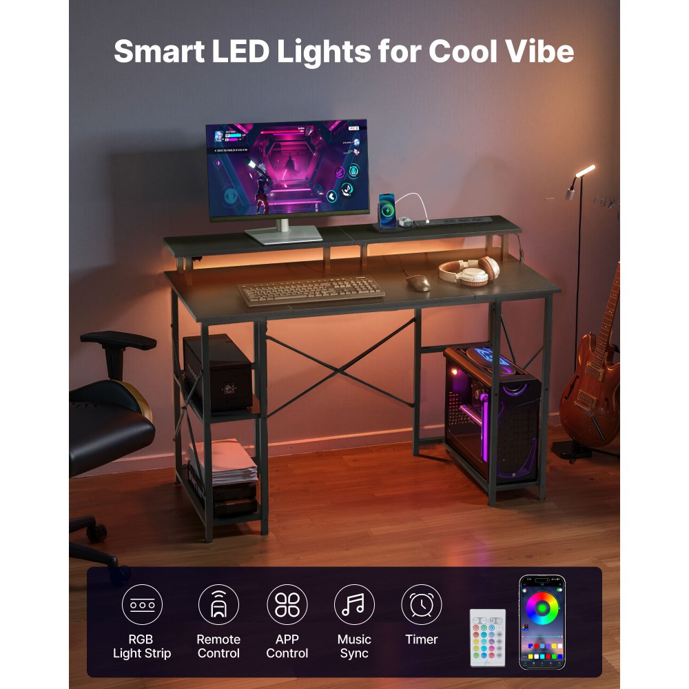 VEVOR 47" Gaming Desk with LED Lights & Power Outlets, Computer Desk with Monitor Stand & 2-Tier Storage Sheves,  Study Work for Home Office, Black