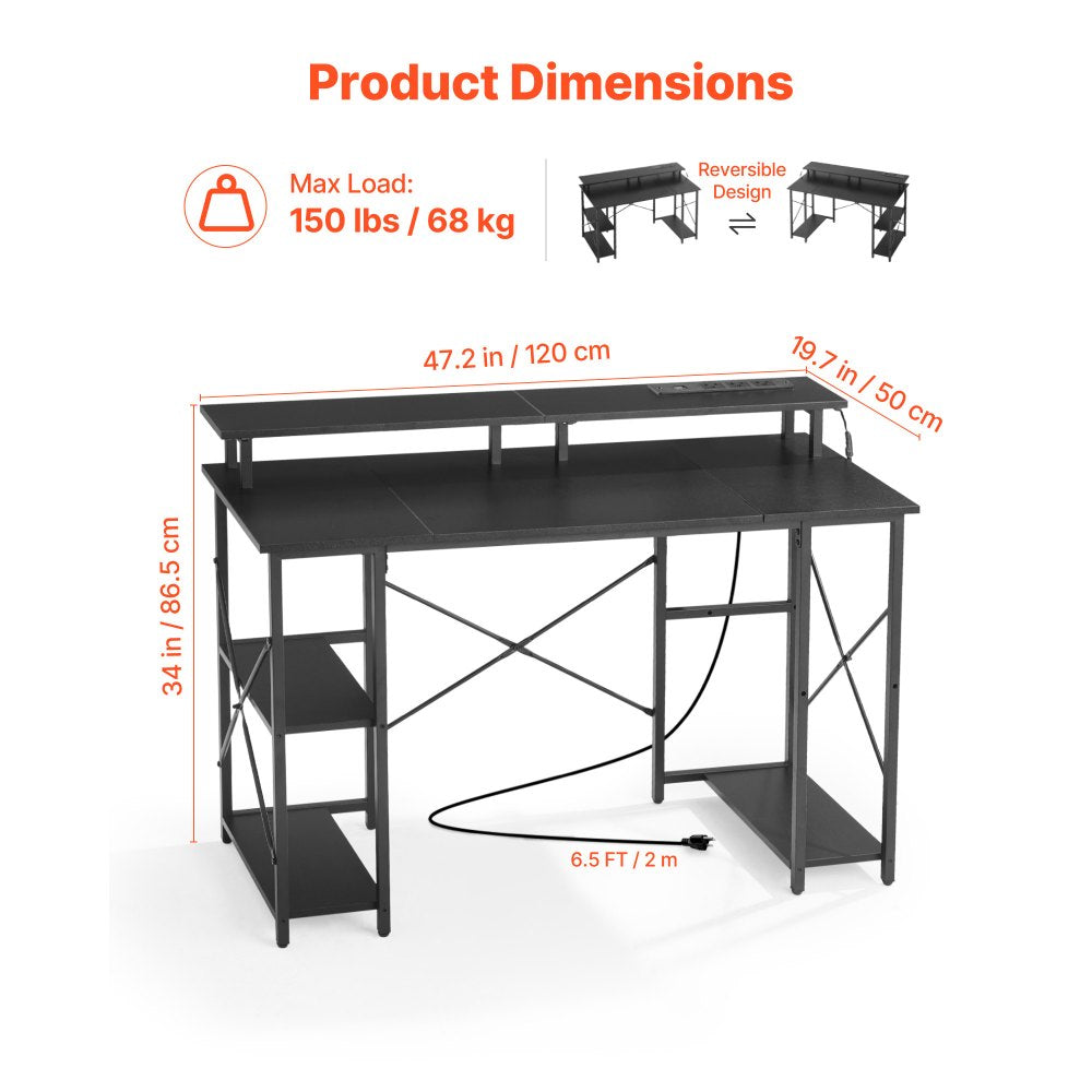 VEVOR 47" Gaming Desk with LED Lights & Power Outlets, Computer Desk with Monitor Stand & 2-Tier Storage Sheves,  Study Work for Home Office, Black