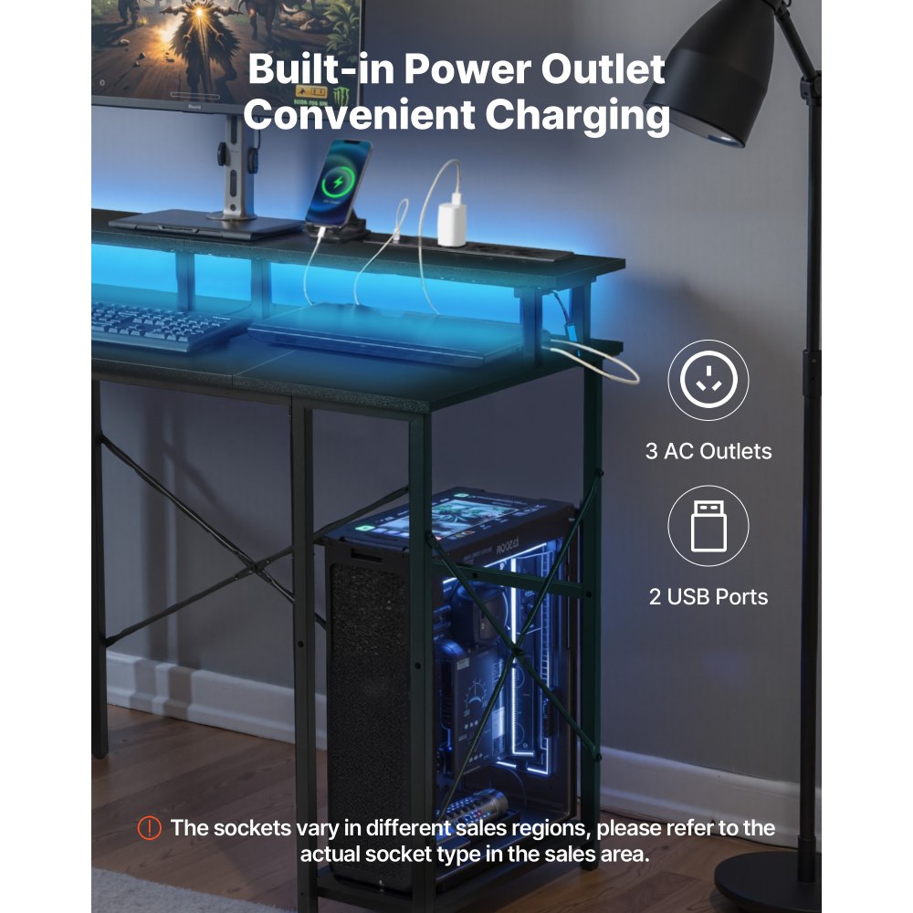 VEVOR 47" Gaming Desk with LED Lights & Power Outlets, Computer Desk with Monitor Stand & 2-Tier Storage Sheves,  Study Work for Home Office, Black