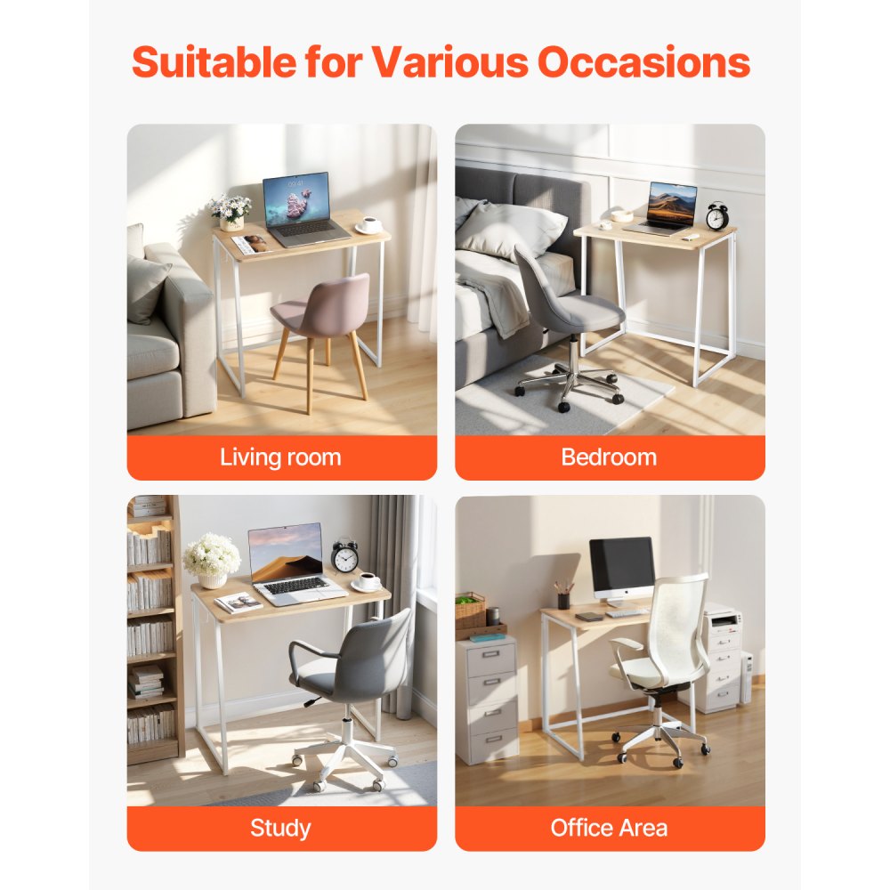 VEVOR Folding Desk, 31.5" Foldable Table for Small Spaces with Storage Hooks, Space Saving Computer Table, Writing Workstation for Home Office, Easy Assembly, Oak