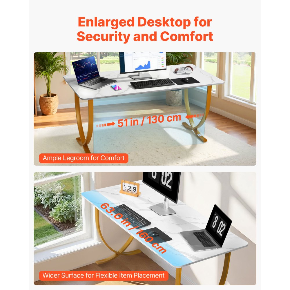 VEVOR Executive Desk, 63" W x 31.5" D Large Office Desk, Modern Computer Table Conference Meeting Room Table, Business Furniture Enlarged Desktop for Home Office, White and Gold