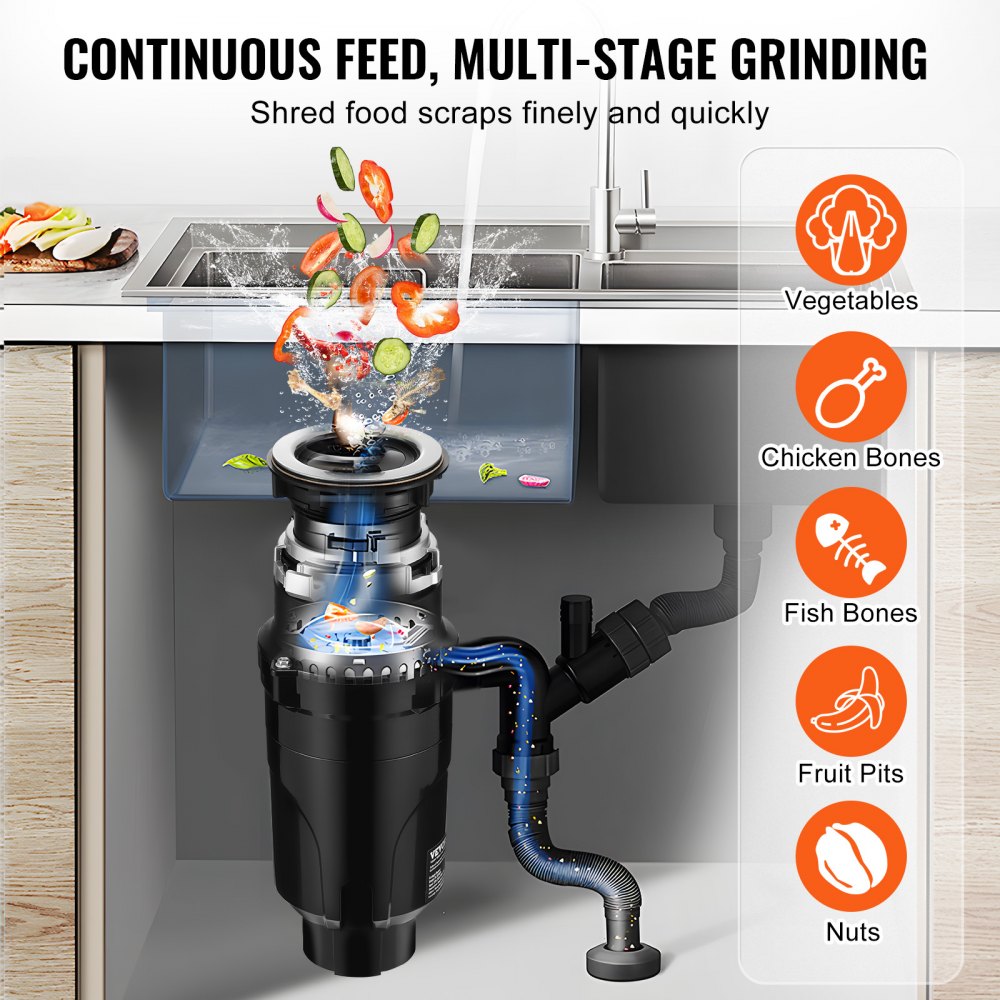 VEVOR Garbage Disposal, 1/2HP 3450RPM Continuous Feed Food Waste Disposer, EZ Connect Food Waste Grinding System with Power Cord & Splash Guard for Kitchen Sinks
