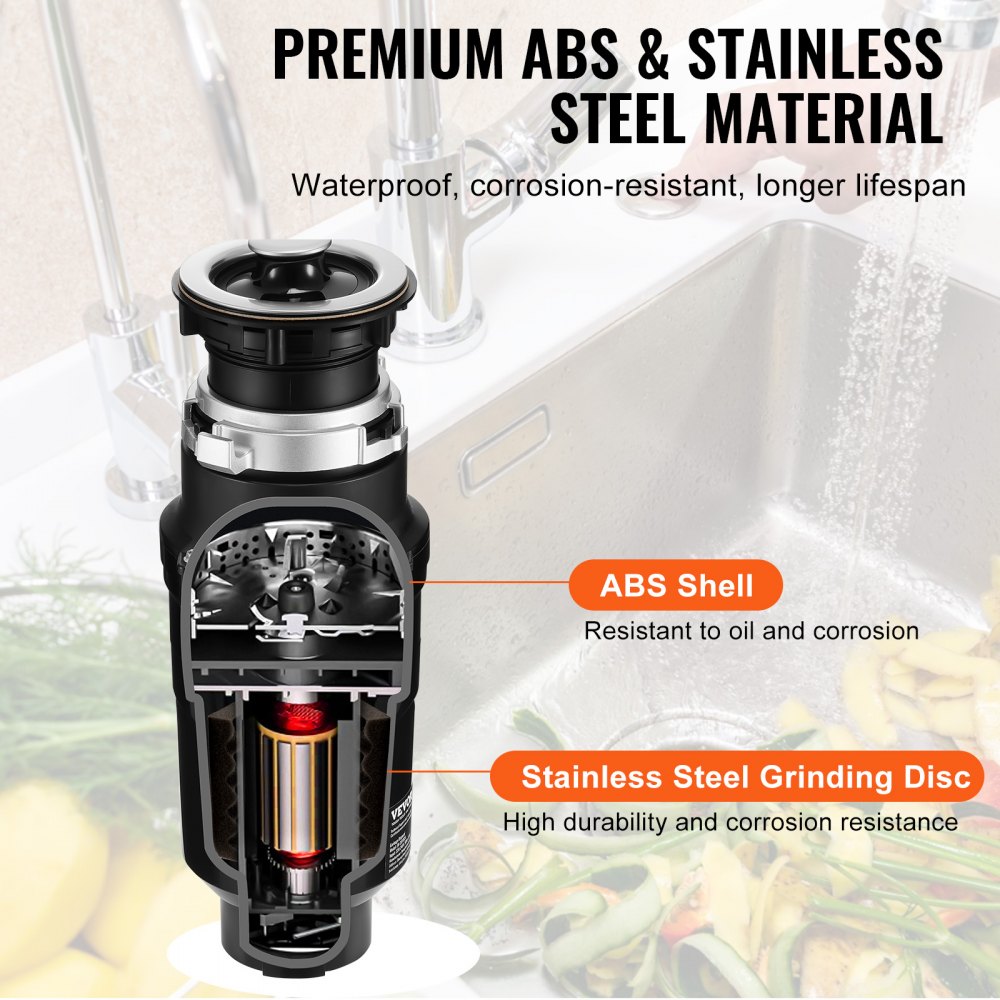 VEVOR Garbage Disposal, 1/2HP 3450RPM Continuous Feed Food Waste Disposer, EZ Connect Food Waste Grinding System with Power Cord & Splash Guard for Kitchen Sinks