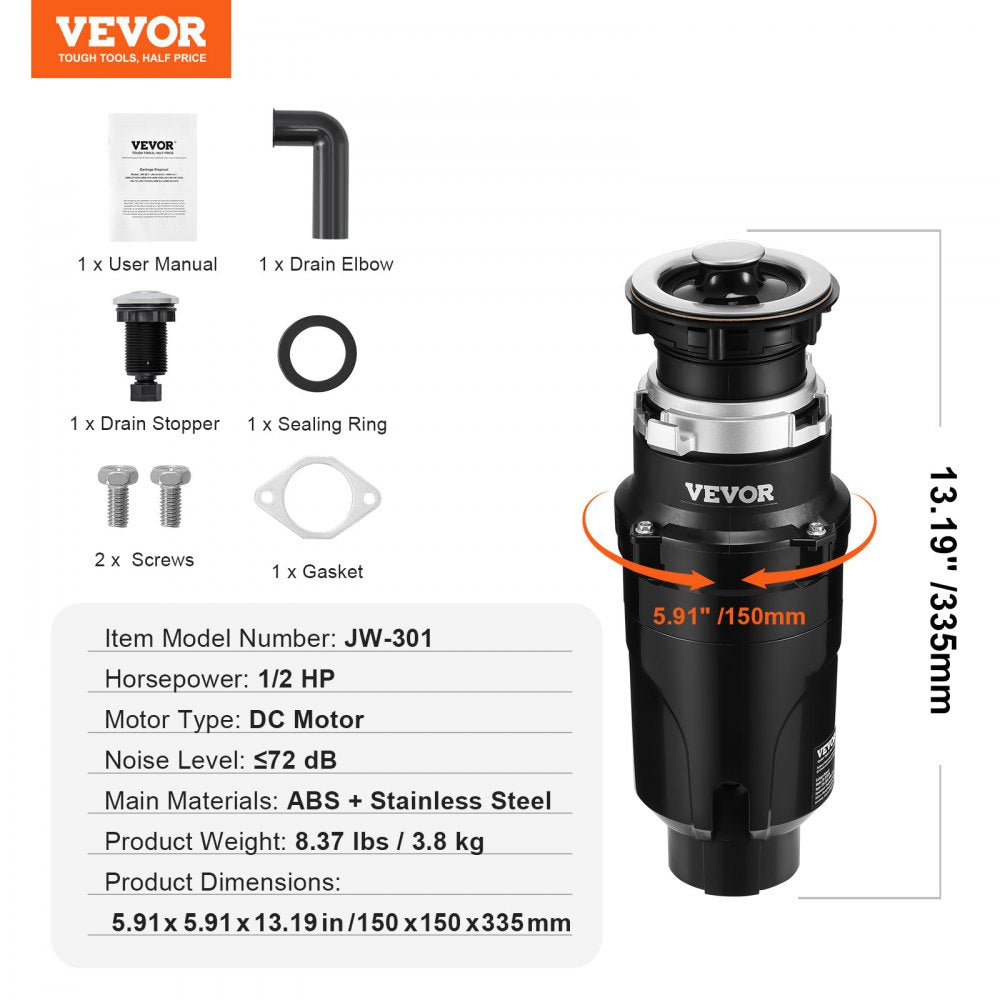 VEVOR Garbage Disposal, 1/2HP 3450RPM Continuous Feed Food Waste Disposer, EZ Connect Food Waste Grinding System with Power Cord & Splash Guard for Kitchen Sinks
