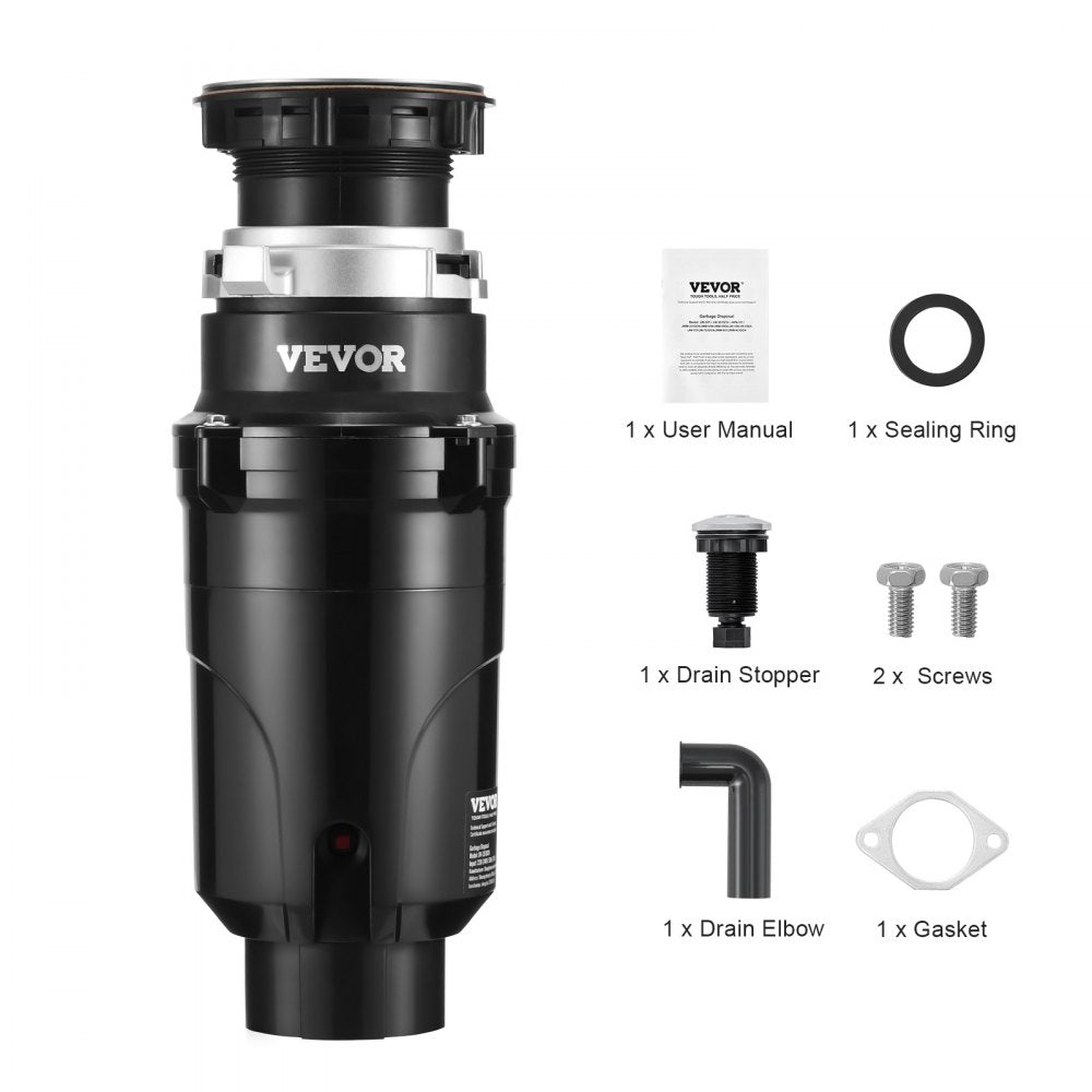 VEVOR Garbage Disposal, 1/2HP 3450RPM Continuous Feed Food Waste Disposer, EZ Connect Food Waste Grinding System with Power Cord & Splash Guard for Kitchen Sinks