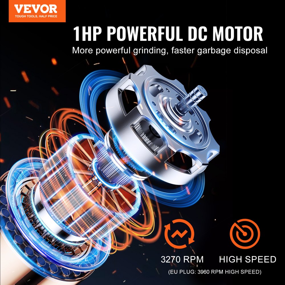VEVOR Garbage Disposal, 1HP 3270RPM Continuous Feed Food Waste Disposer, EZ Connect Food Waste Grinding System with Sound Reduction, Power Cord & Splash Guard for Kitchen Sinks