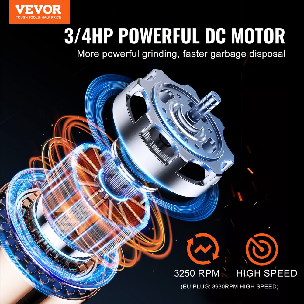 VEVOR Garbage Disposal, 3/4HP 3250RPM Continuous Feed Food Waste Disposer, EZ Connect Food Waste Grinding System with Sound Reduction, Power Cord & Splash Guard for Kitchen Sinks