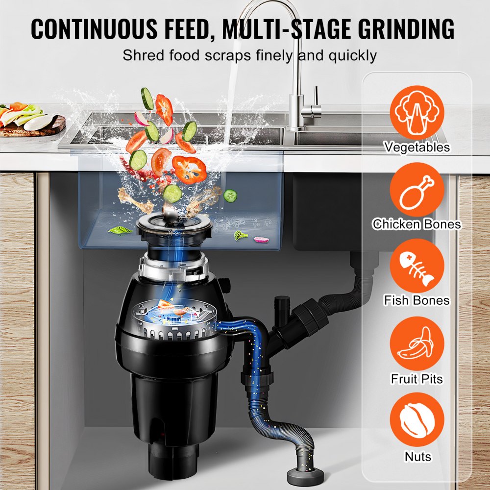 VEVOR Garbage Disposal, 3/4HP 3250RPM Continuous Feed Food Waste Disposer, EZ Connect Food Waste Grinding System with Sound Reduction, Power Cord & Splash Guard for Kitchen Sinks