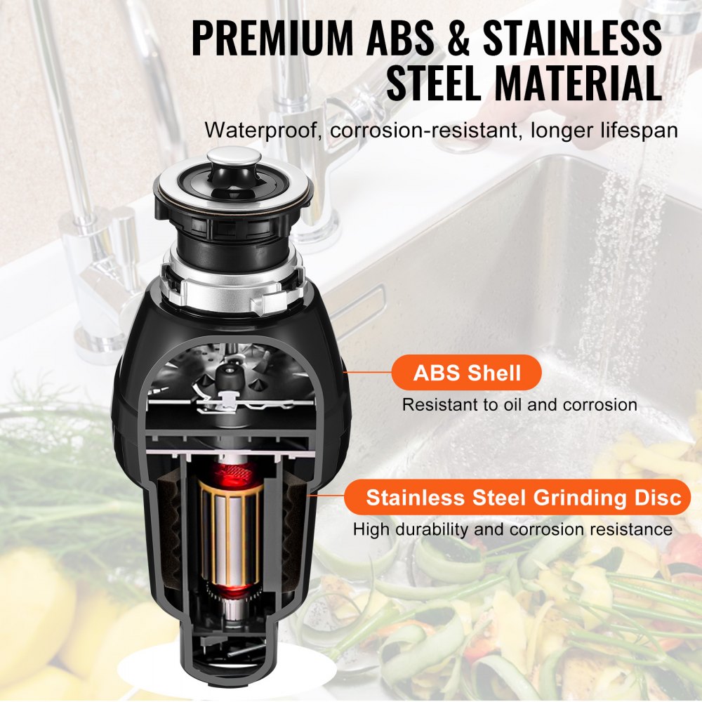 VEVOR Garbage Disposal, 3/4HP 3250RPM Continuous Feed Food Waste Disposer, EZ Connect Food Waste Grinding System with Sound Reduction, Power Cord & Splash Guard for Kitchen Sinks