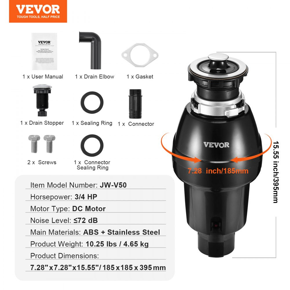 VEVOR Garbage Disposal, 3/4HP 3250RPM Continuous Feed Food Waste Disposer, EZ Connect Food Waste Grinding System with Sound Reduction, Power Cord & Splash Guard for Kitchen Sinks