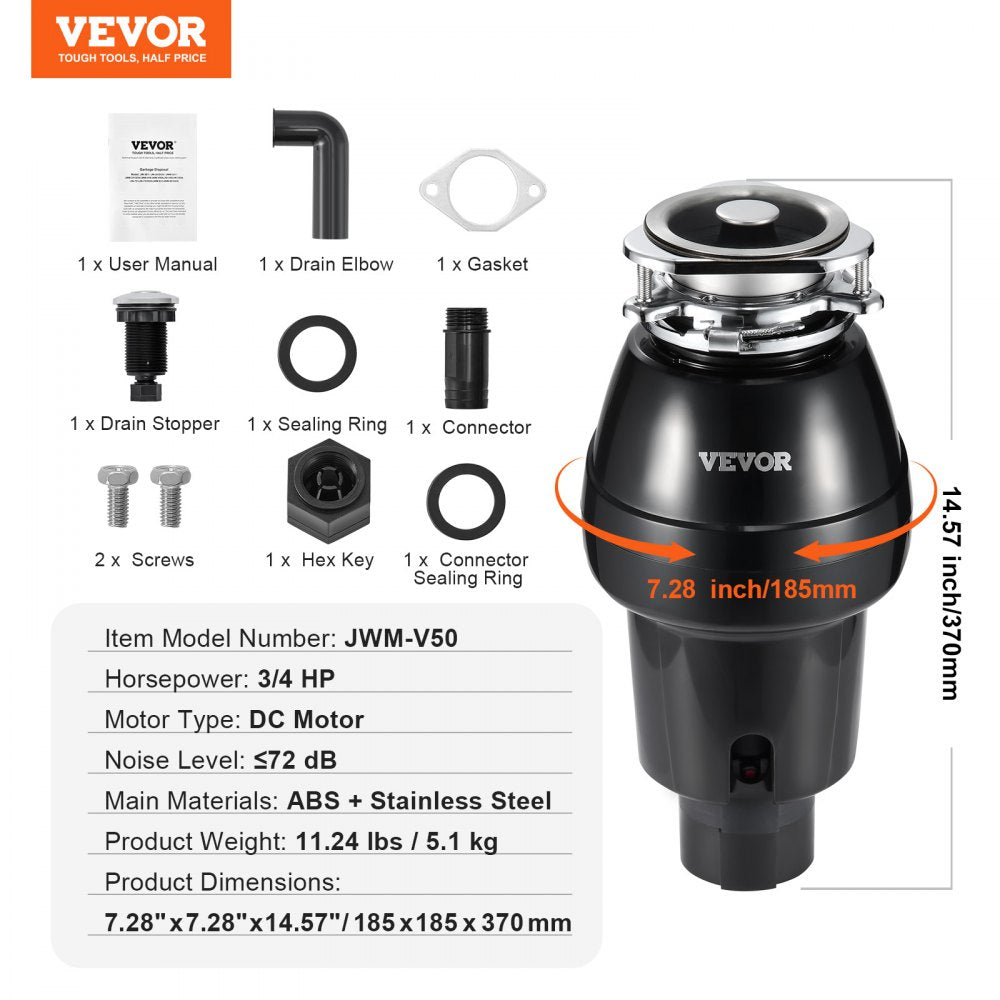 VEVOR Garbage Disposal, 3/4 HP 3260RPM Continuous Feed Food Waste Disposer, 3-Bolt Mount Food Waste Grinding System with Sound Reduction, Power Cord & Splash Guard for Kitchen Sinks