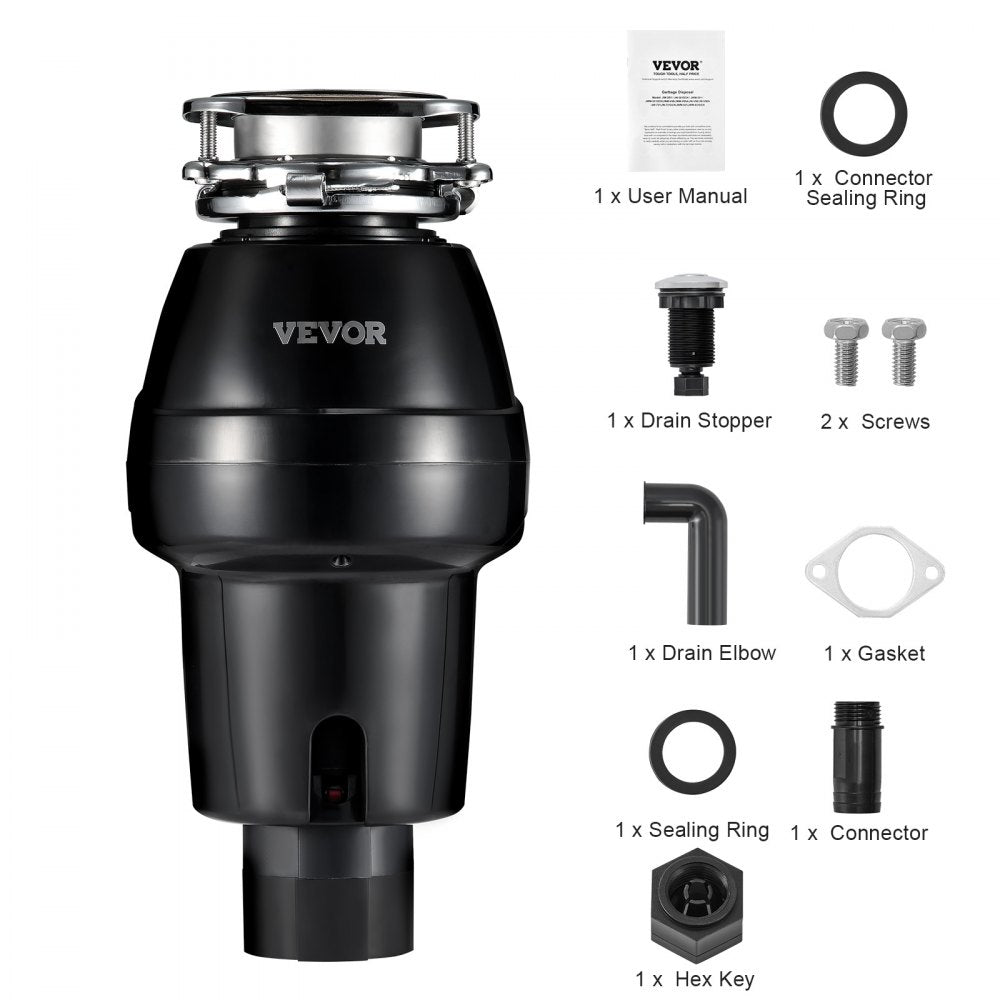 VEVOR Garbage Disposal, 3/4 HP 3260RPM Continuous Feed Food Waste Disposer, 3-Bolt Mount Food Waste Grinding System with Sound Reduction, Power Cord & Splash Guard for Kitchen Sinks