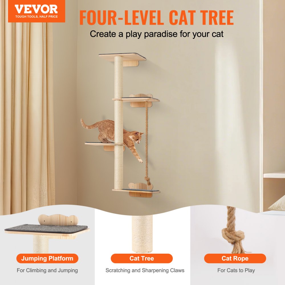 VEVOR 4 Tiers Tall Cat Tree, Cat Wall Furniture Set with 4 Jumping Boards, Wall-Mounted Cat Floating Shelf up to 40 lbs, 12 mm Pine Wood Cat Perch for Sleeping, Playing, and Climbing