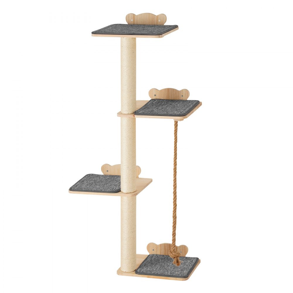 VEVOR 4 Tiers Tall Cat Tree, Cat Wall Furniture Set with 4 Jumping Boards, Wall-Mounted Cat Floating Shelf up to 40 lbs, 12 mm Pine Wood Cat Perch for Sleeping, Playing, and Climbing