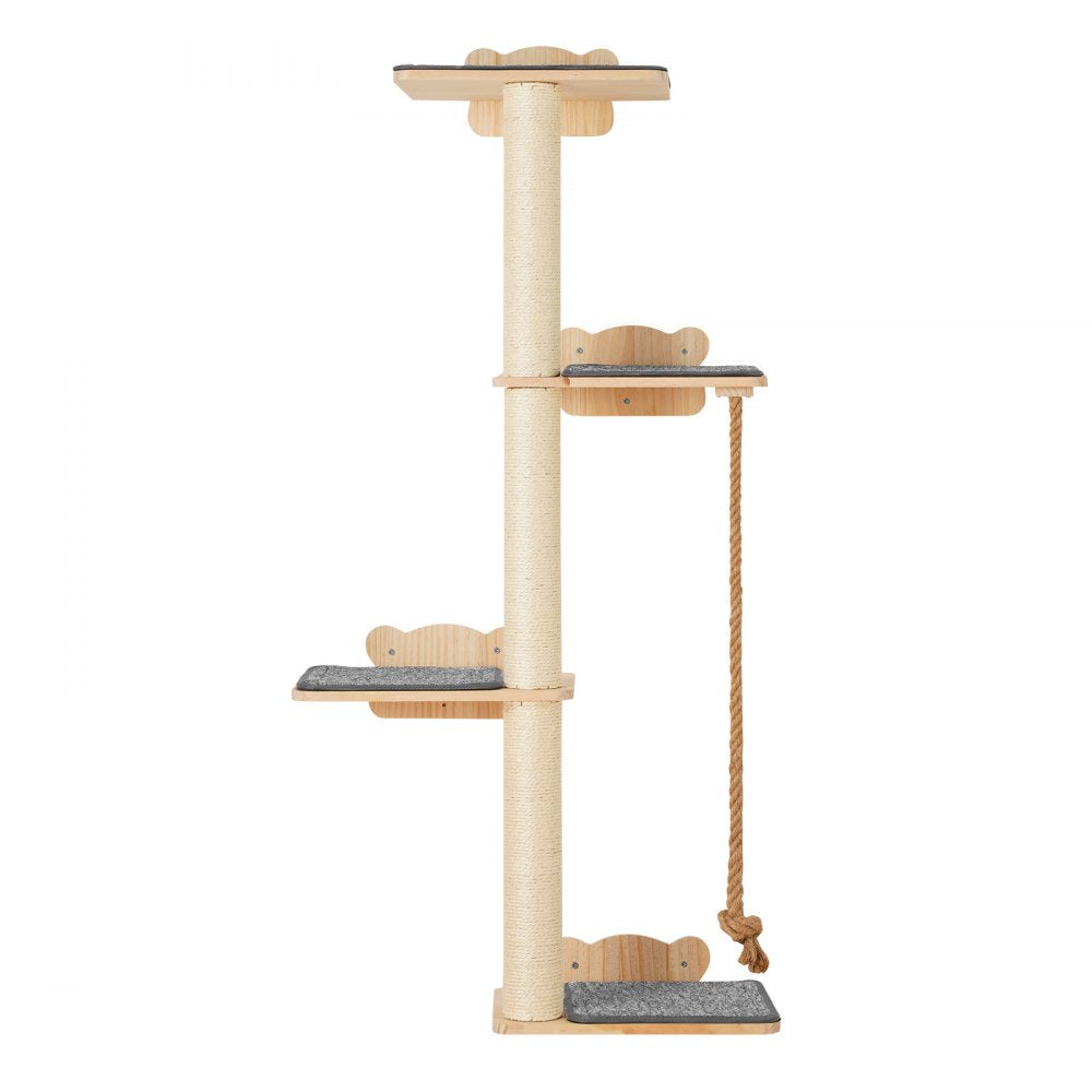 VEVOR 4 Tiers Tall Cat Tree, Cat Wall Furniture Set with 4 Jumping Boards, Wall-Mounted Cat Floating Shelf up to 40 lbs, 12 mm Pine Wood Cat Perch for Sleeping, Playing, and Climbing