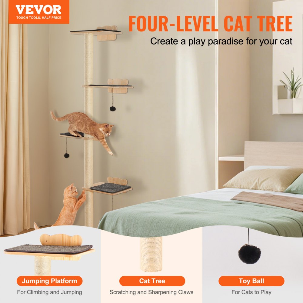 VEVOR 4 Tiers Cat Tree, Cat Wall Furniture Set with 4 Jumping Boards, Wall-Mounted Cat Floating Shelf up to 40 lbs, 12 mm Pine Wood Cat Perch for Sleeping, Playing, and Climbing