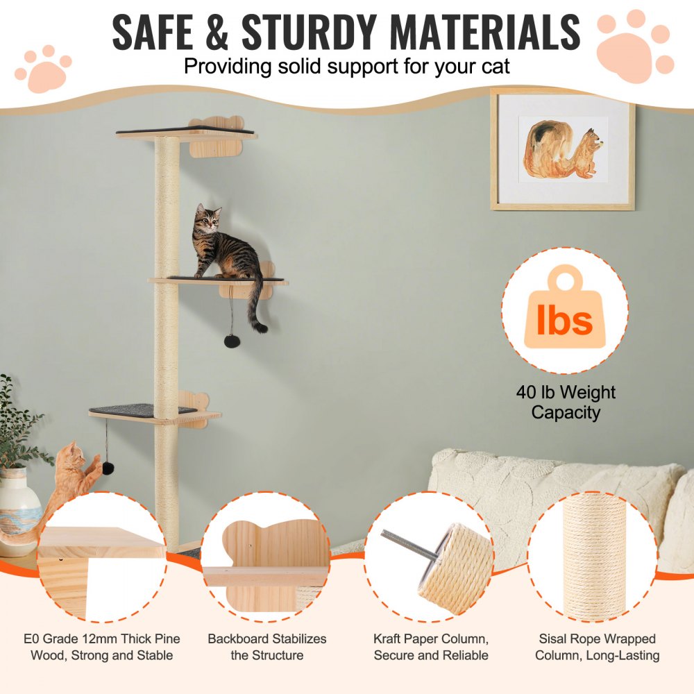 VEVOR 4 Tiers Cat Tree, Cat Wall Furniture Set with 4 Jumping Boards, Wall-Mounted Cat Floating Shelf up to 40 lbs, 12 mm Pine Wood Cat Perch for Sleeping, Playing, and Climbing