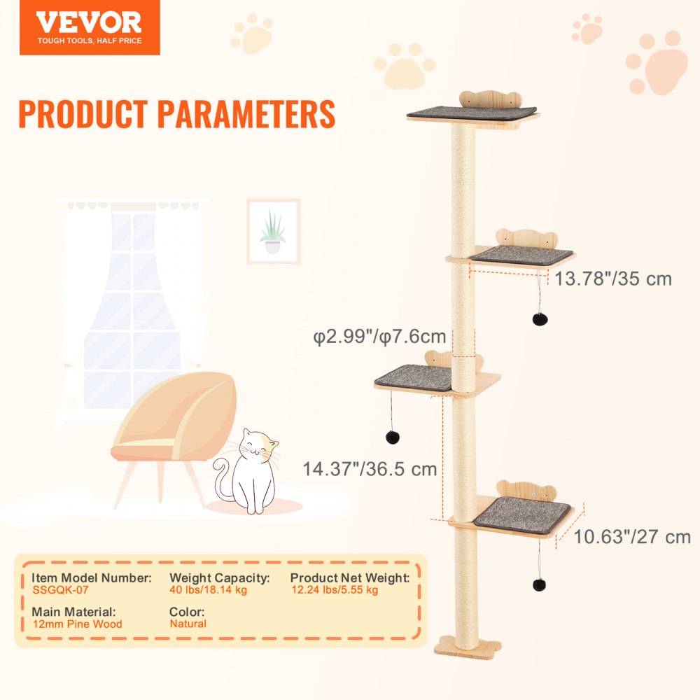 VEVOR 4 Tiers Cat Tree, Cat Wall Furniture Set with 4 Jumping Boards, Wall-Mounted Cat Floating Shelf up to 40 lbs, 12 mm Pine Wood Cat Perch for Sleeping, Playing, and Climbing