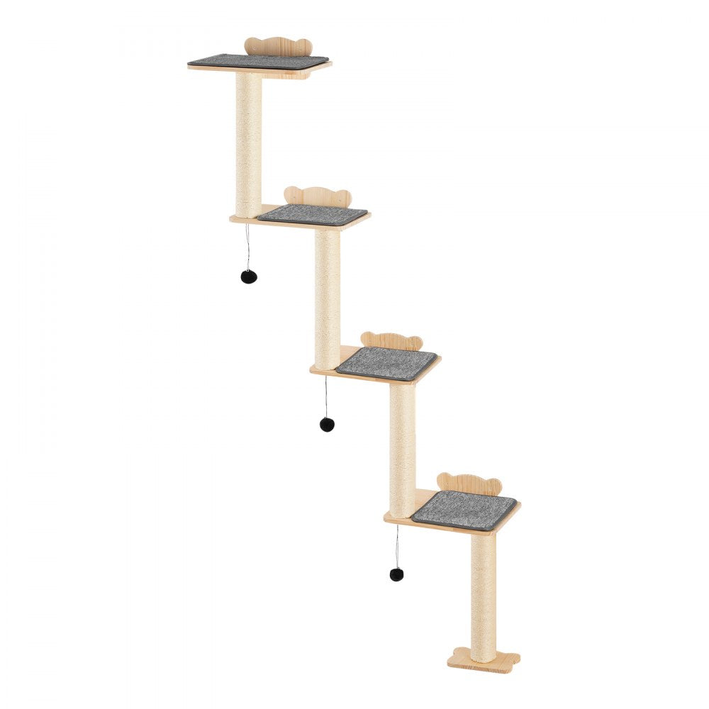 VEVOR 4 Tiers Cat Tree, Cat Wall Furniture Set with 4 Jumping Boards, Wall-Mounted Cat Floating Shelf up to 40 lbs, 12 mm Pine Wood Cat Perch for Sleeping, Playing, and Climbing